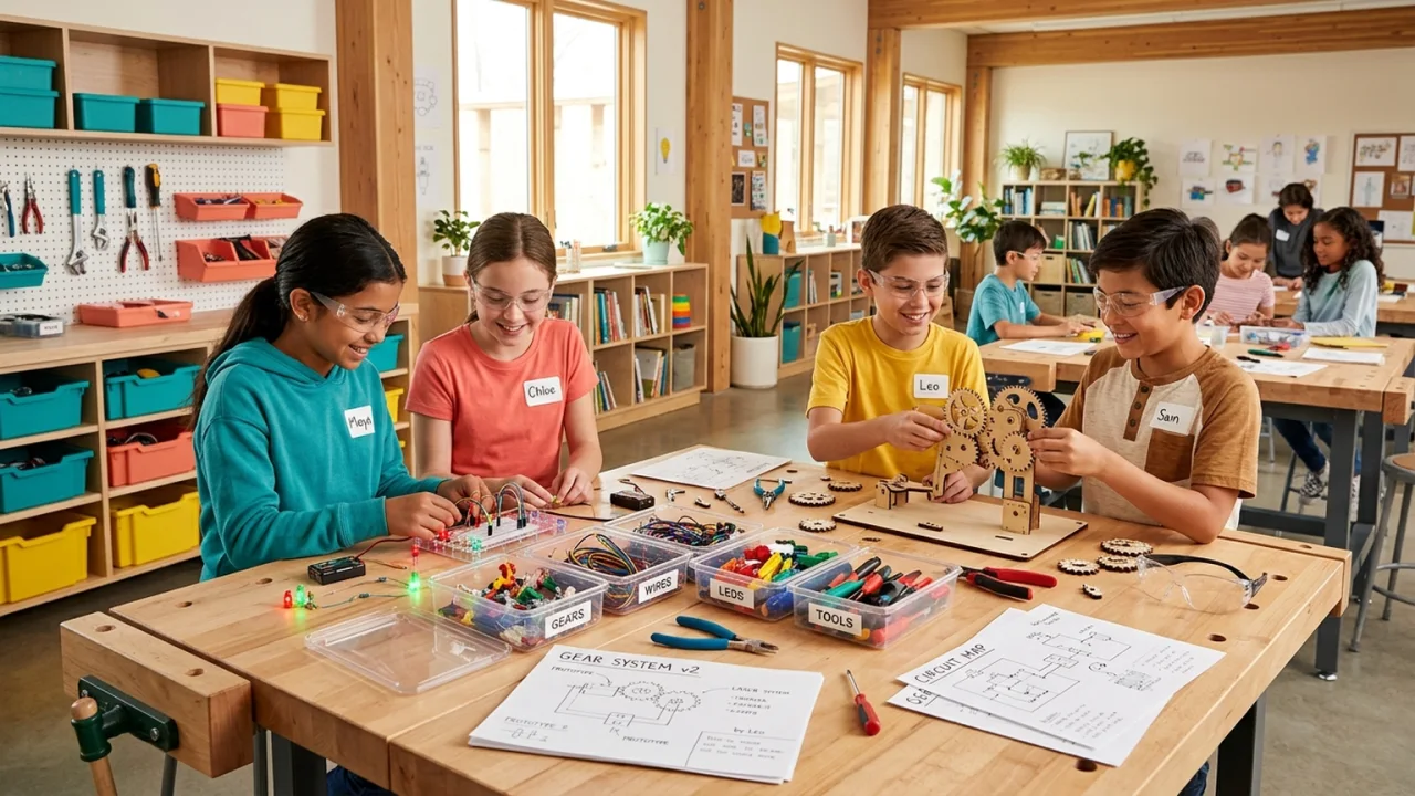 Fictional editorial STEM workshop scene